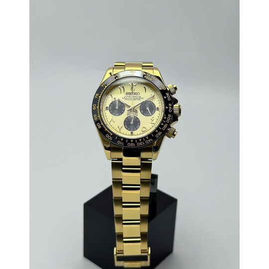 Custom Seiko Mod • Gold Black Arabic Daytona Quartz Chronograph • 39.5mm